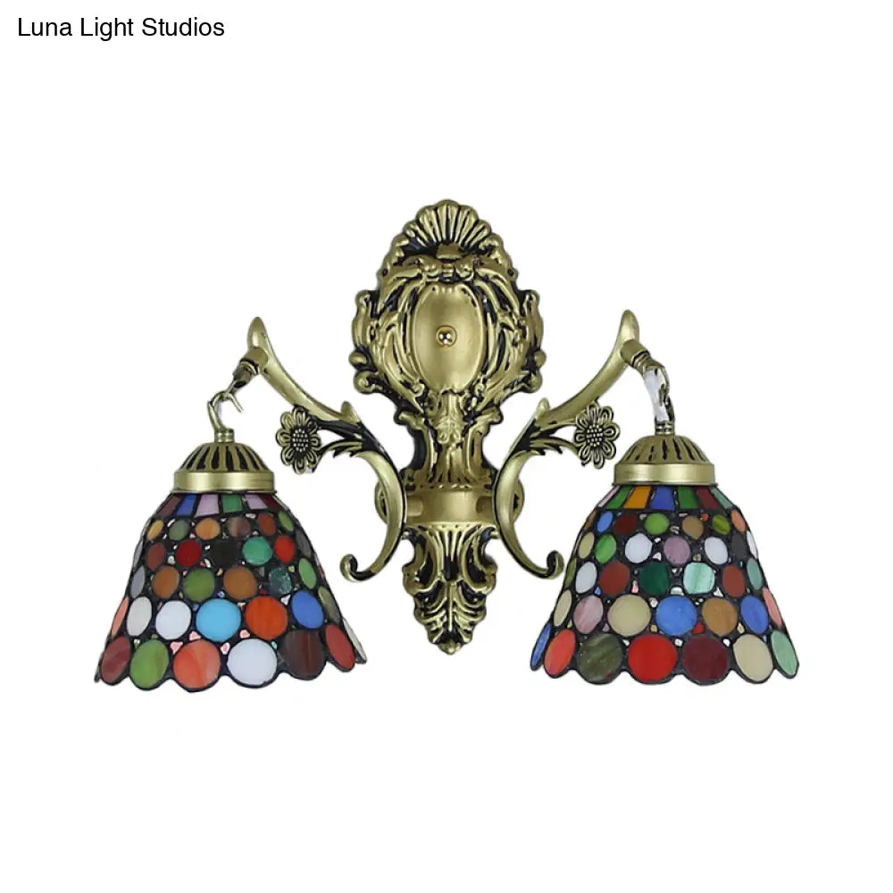 Multicolor Stained Glass Wall Sconce Light - Tiffany Dome/Cone Design With Brass Finish 2 Heads