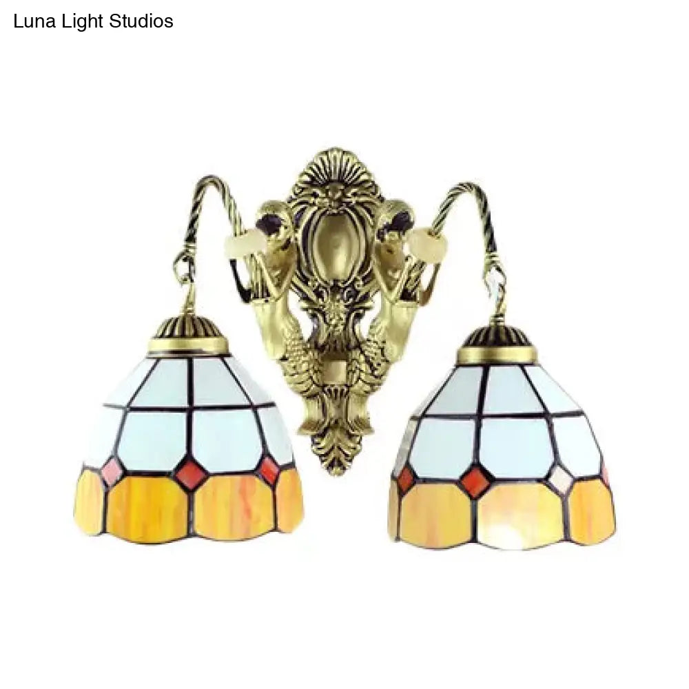 Multicolor Stained Glass Wall Sconce Light - Tiffany Dome/Cone Design With Brass Finish 2 Heads