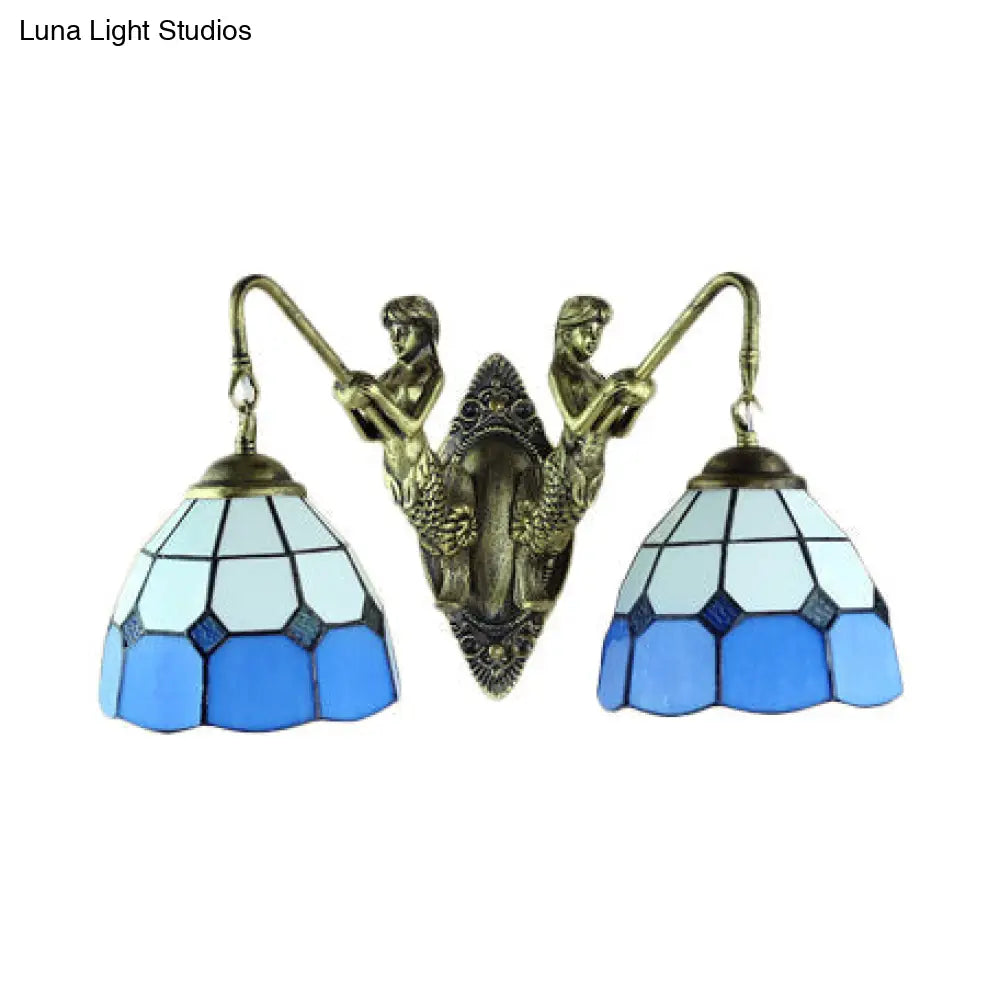 Multicolor Stained Glass Wall Sconce Light - Tiffany Dome/Cone Design With Brass Finish 2 Heads