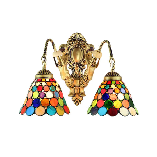 Multicolor Stained Glass Wall Sconce Light - Tiffany Dome/Cone Design With Brass Finish 2 Heads