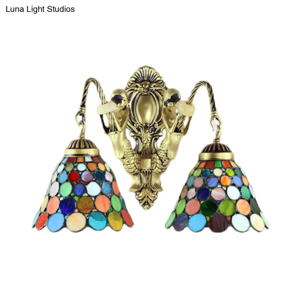 Multicolor Stained Glass Wall Sconce Light - Tiffany Dome/Cone Design With Brass Finish 2 Heads