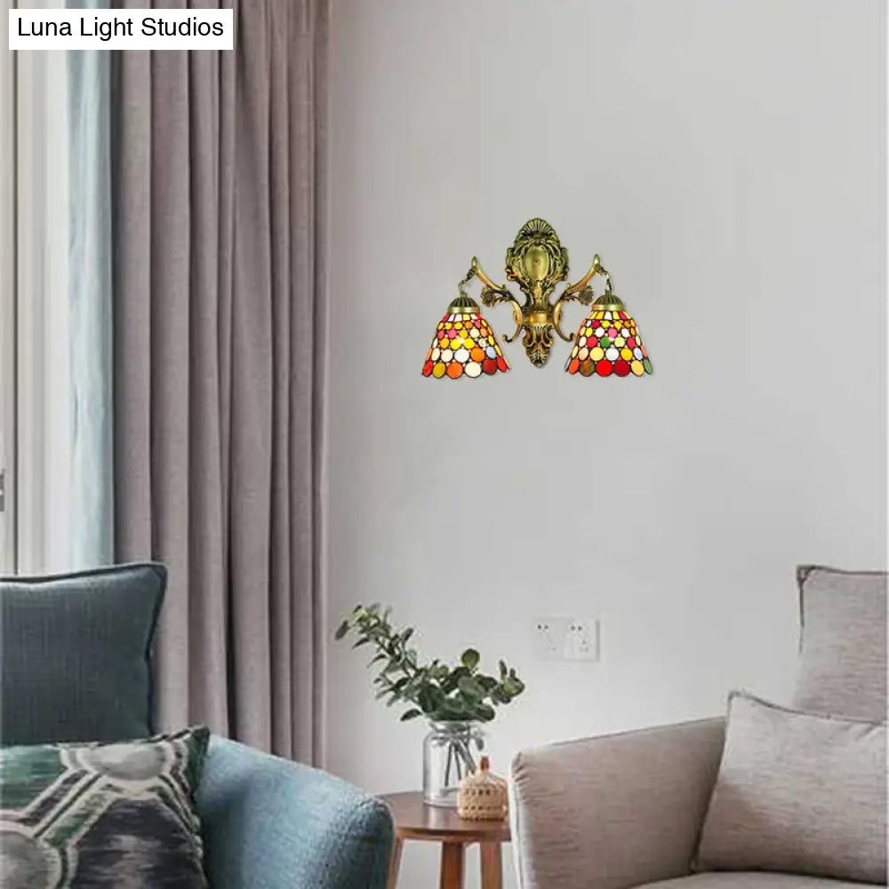 Multicolor Stained Glass Wall Sconce Light - Tiffany Dome/Cone Design With Brass Finish 2 Heads