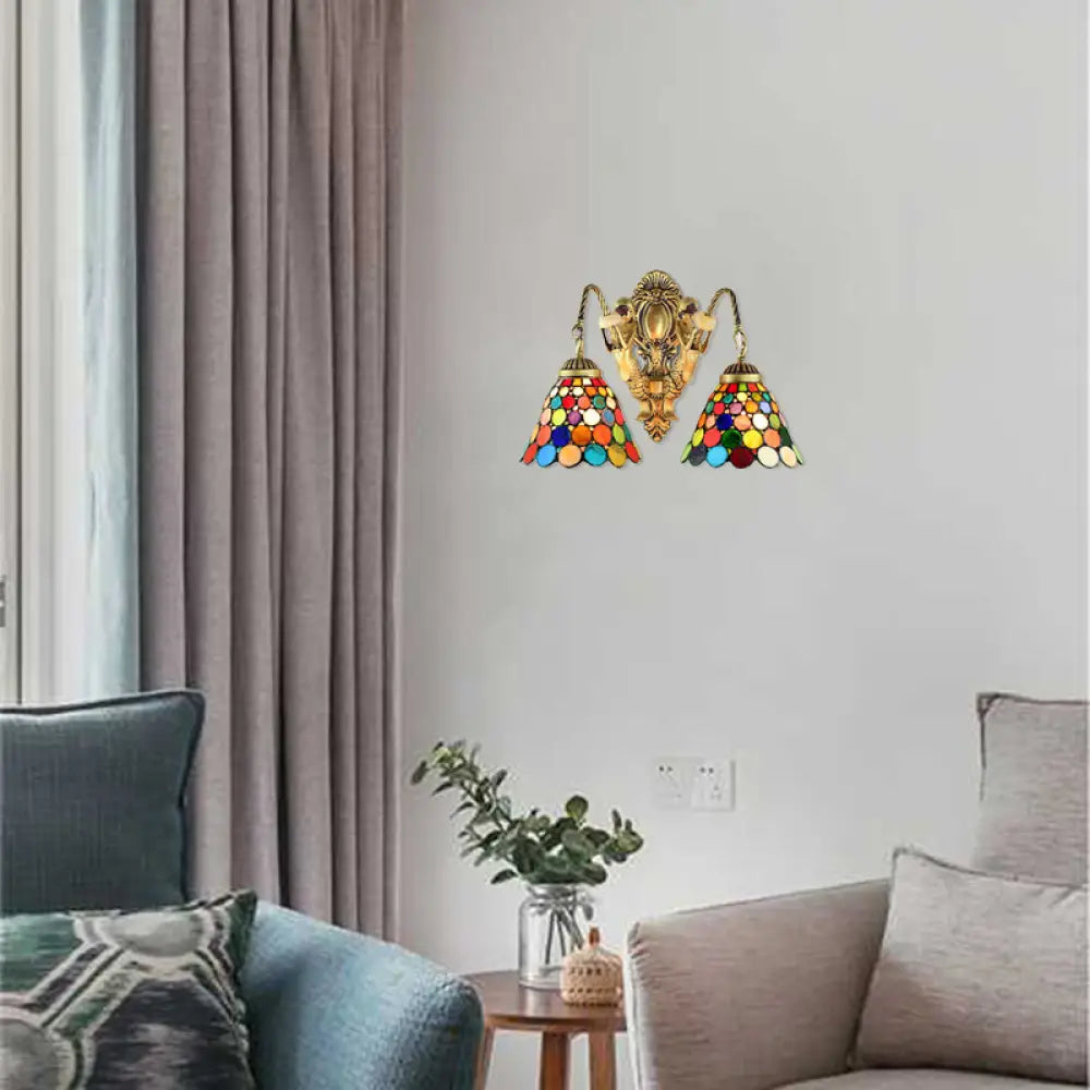 Multicolor Stained Glass Wall Sconce Light - Tiffany Dome/Cone Design With Brass Finish 2 Heads