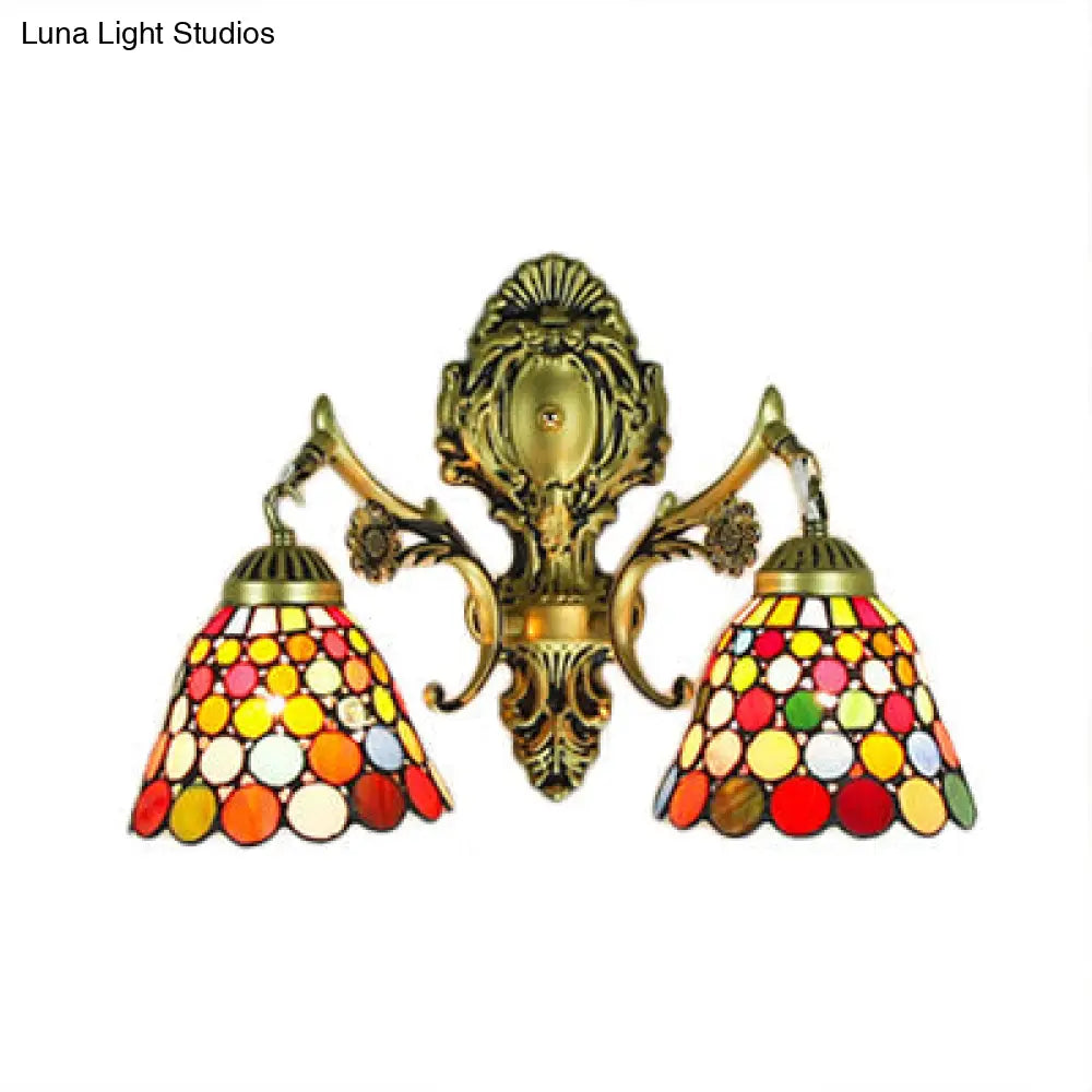 Multicolor Stained Glass Wall Sconce Light - Tiffany Dome/Cone Design With Brass Finish 2 Heads