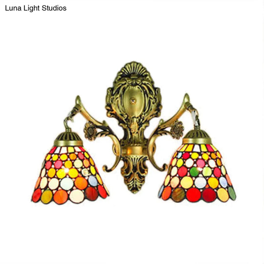 Multicolor Stained Glass Wall Sconce Light - Tiffany Dome/Cone Design With Brass Finish 2 Heads