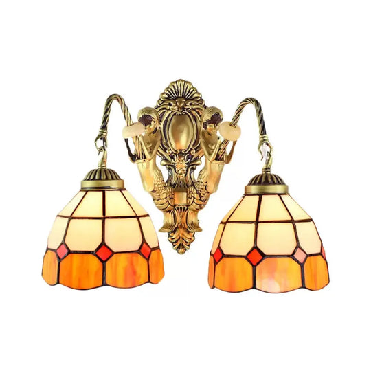 Multicolor Stained Glass Wall Sconce Light - Tiffany Dome/Cone Design With Brass Finish 2 Heads