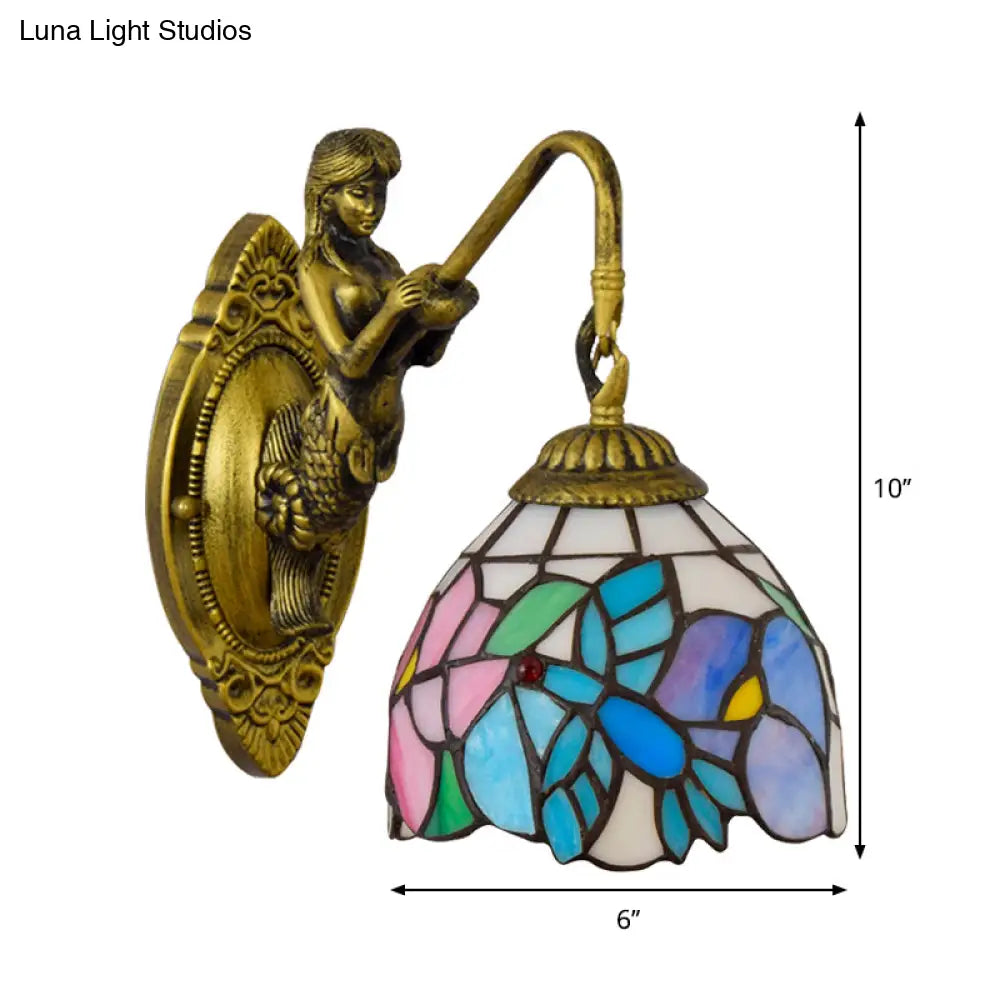 Multicolor Stained Glass Wall Sconce - Tiffany Style Blue-Pink Bowl Design