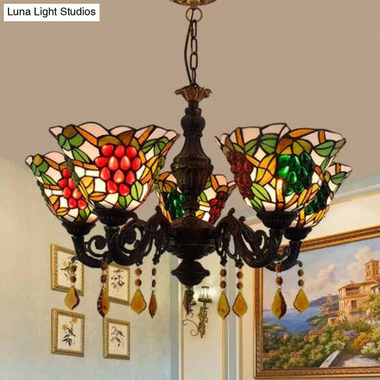 Tiffany Stained Glass Inverted Chandelier With Multicolored Bell Shades And 5 Grape Lights