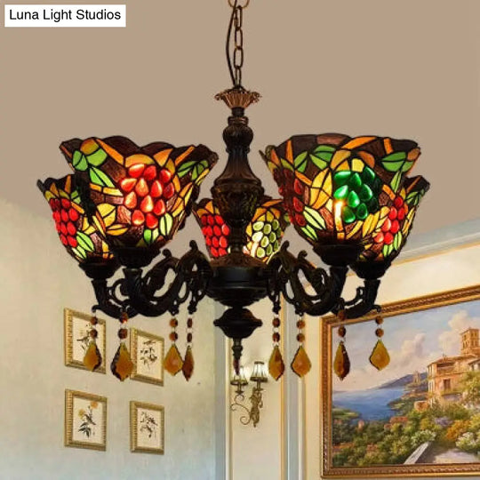 Tiffany Stained Glass Inverted Chandelier With Multicolored Bell Shades And 5 Grape Lights