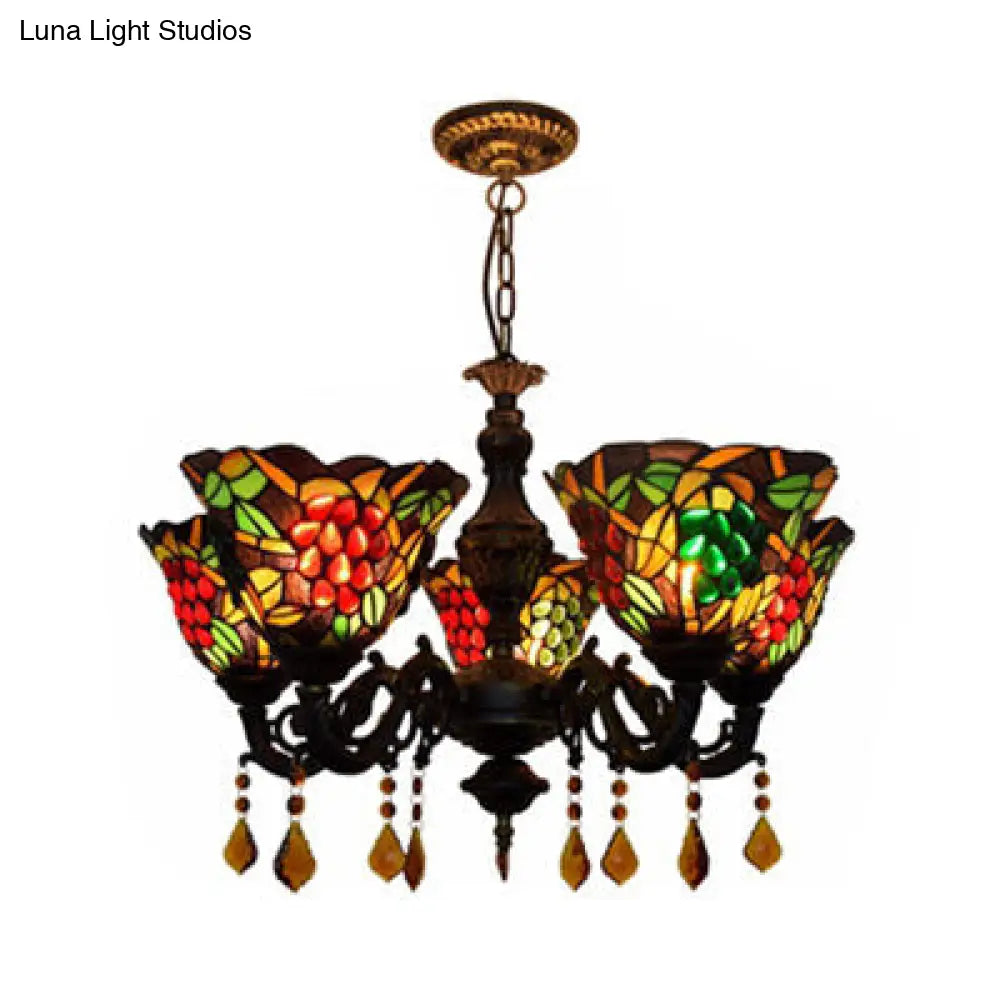 Tiffany Stained Glass Inverted Chandelier With Multicolored Bell Shades And 5 Grape Lights