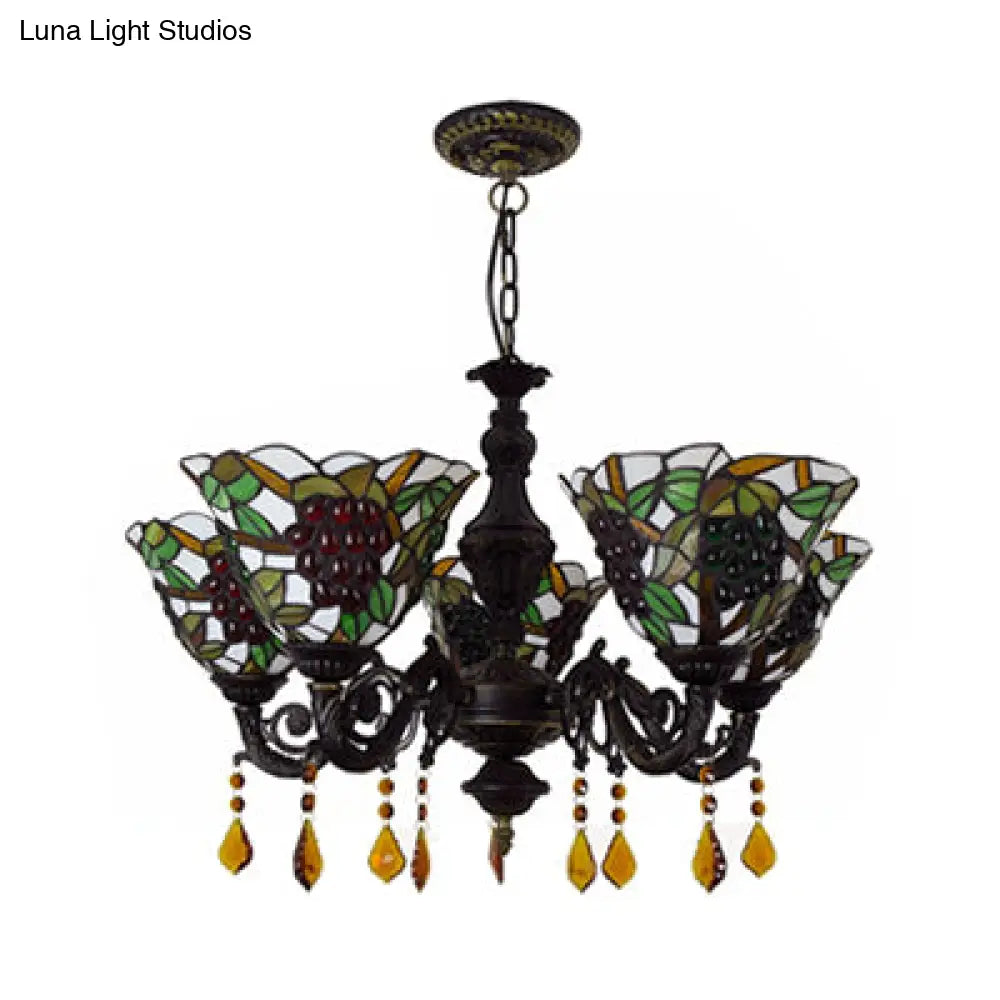 Multicolored Bell Inverted Chandelier Tiffany Stained Glass 5-Light Grapes Hanging Light With