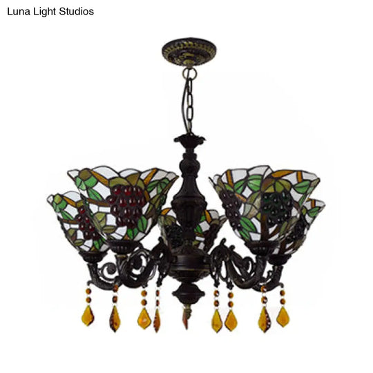 Multicolored Bell Inverted Chandelier Tiffany Stained Glass 5-Light Grapes Hanging Light With