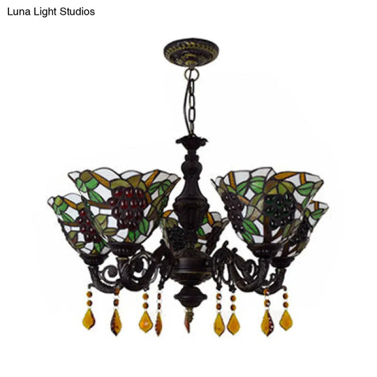 Tiffany Stained Glass Inverted Chandelier With Multicolored Bell Shades And 5 Grape Lights