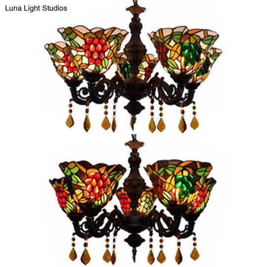 Tiffany Stained Glass Inverted Chandelier With Multicolored Bell Shades And 5 Grape Lights