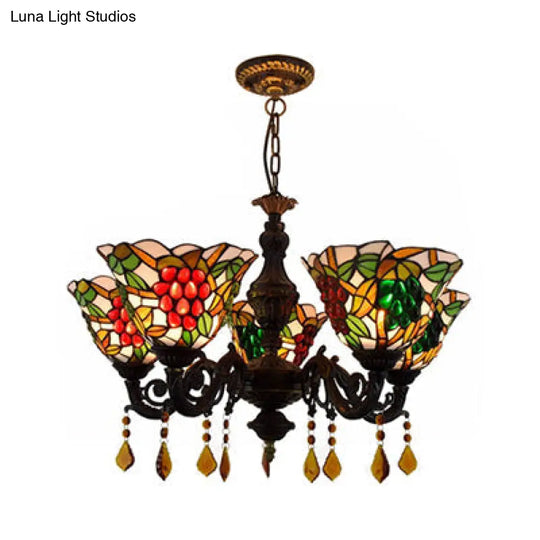 Multicolored Bell Inverted Chandelier Tiffany Stained Glass 5-Light Grapes Hanging Light With