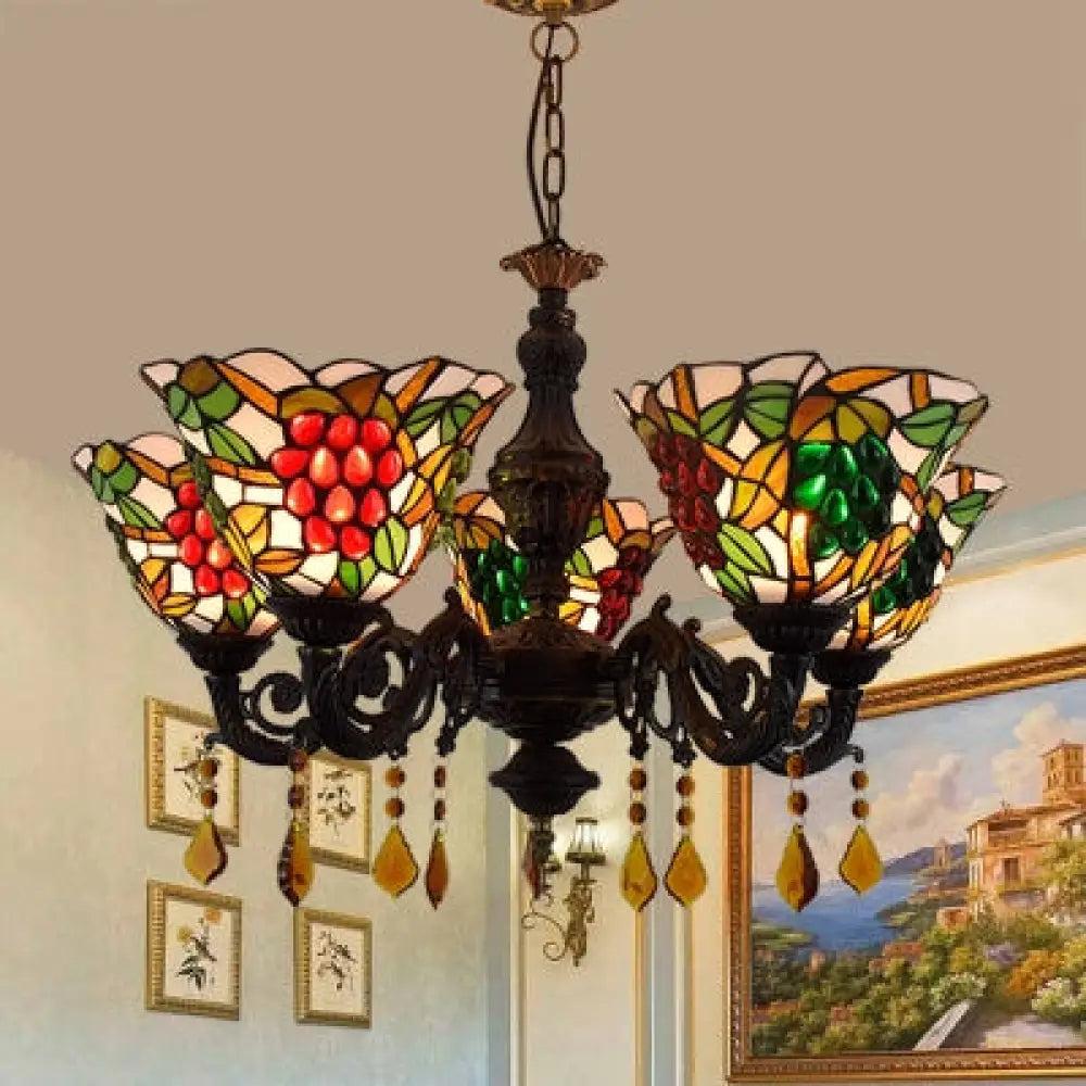 Multicolored Bell Inverted Chandelier Tiffany Stained Glass 5-Light Grapes Hanging Light With