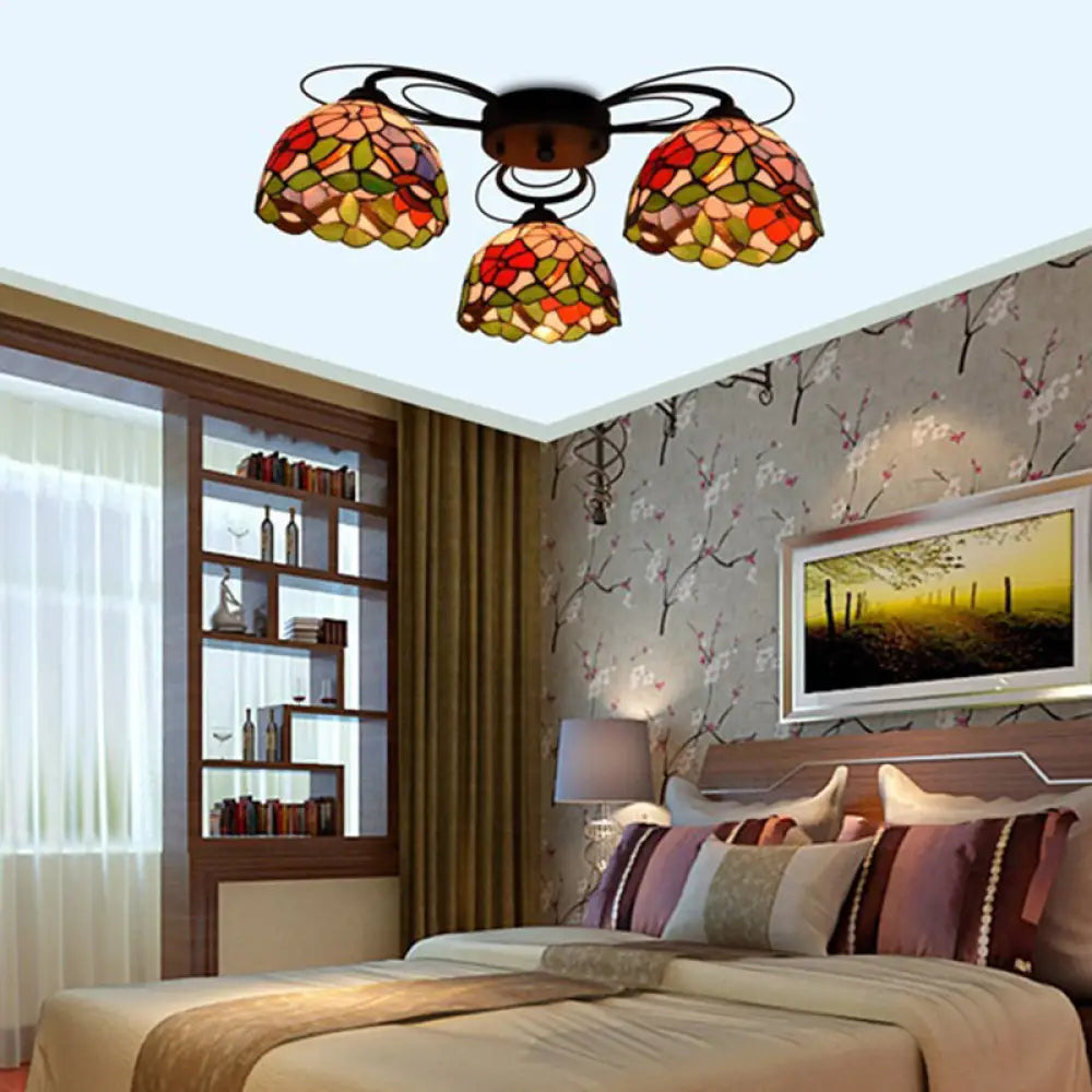 Multicolored Stained Glass Ceiling Light With Orange Peony Tiffany Design - Semi Flush Mount 3/7/9