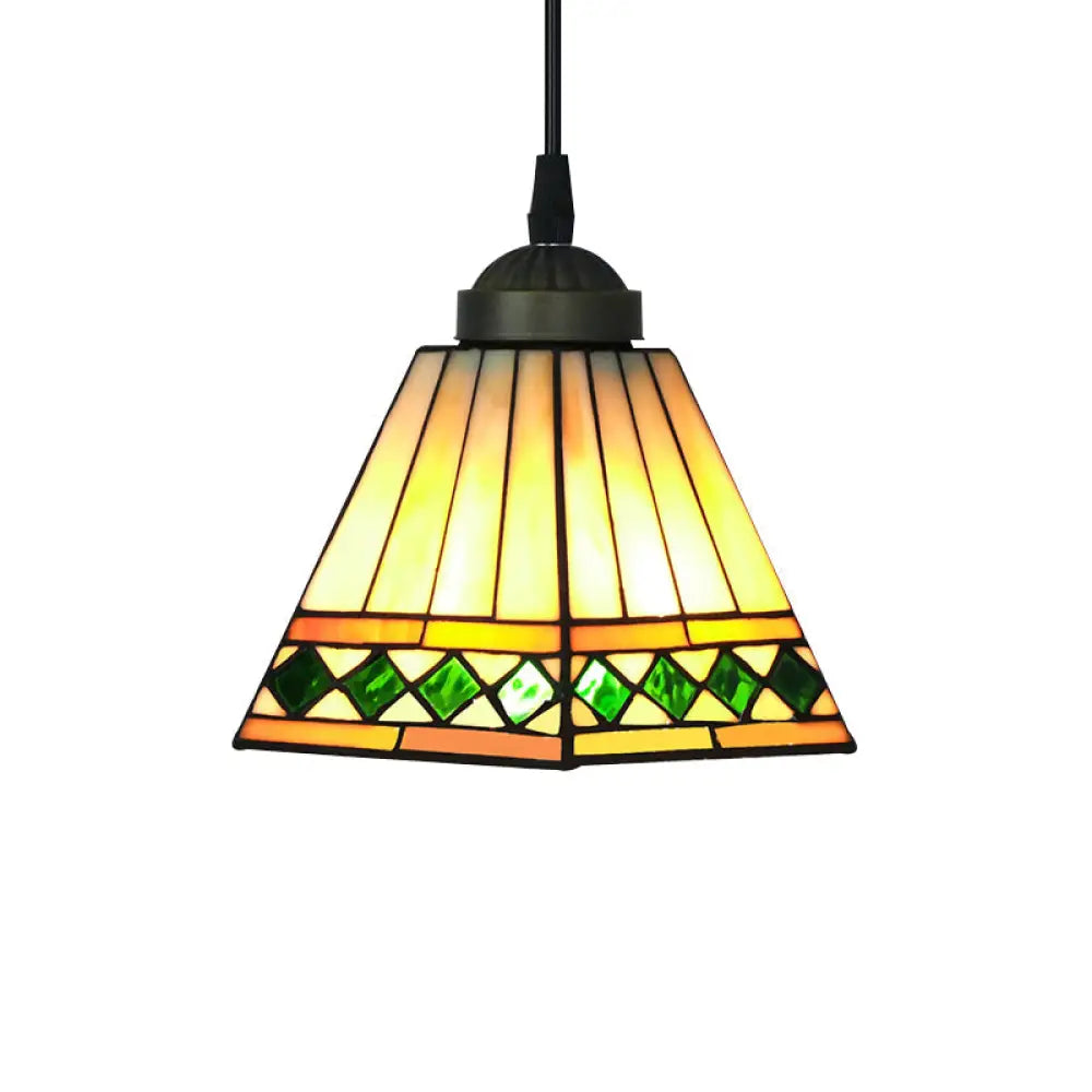 Multicolored Stained Glass Pyramid Pendant Ceiling Light – Tiffany Style 1 Head Green