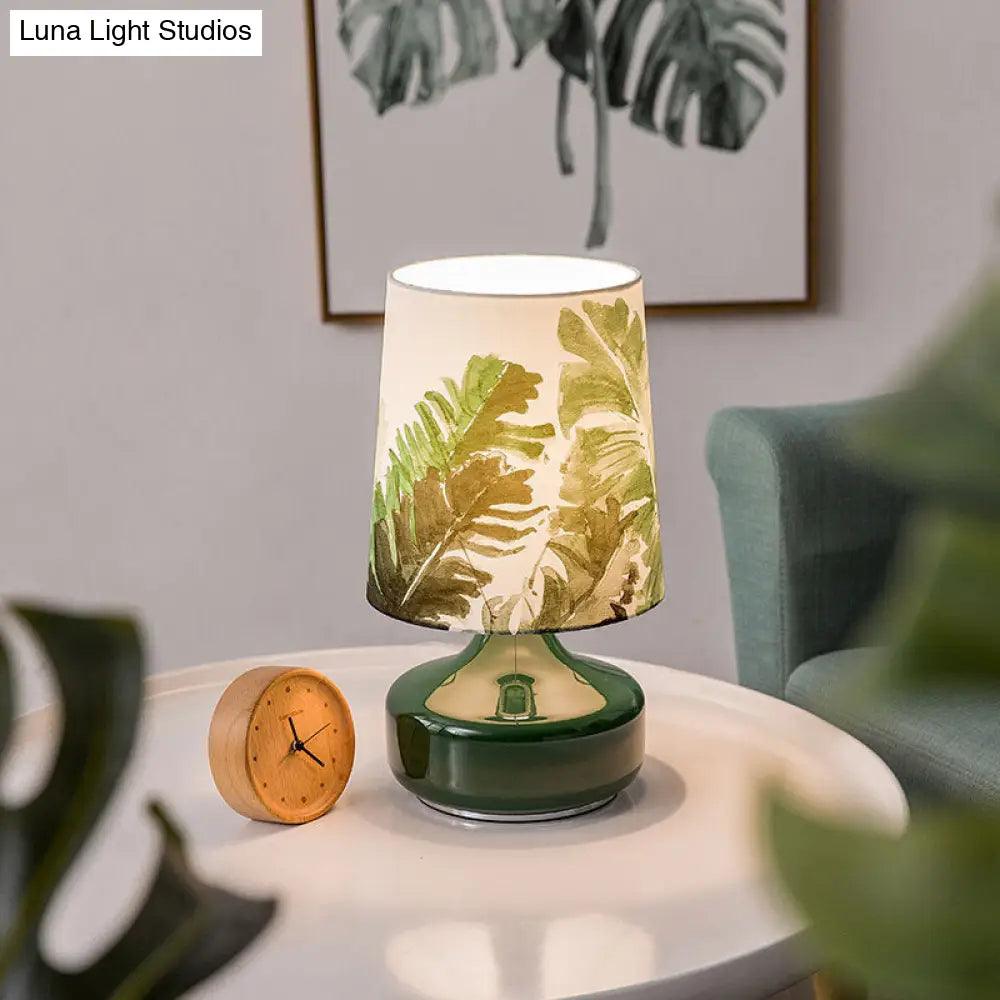 Nordic Barrel Night Lamp - Green Fabric Table Light With Leaves Pattern