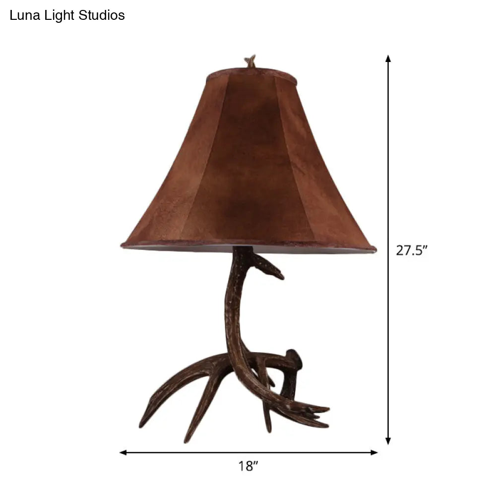 Brown Flared Night Lamp - Farmhouse Fabric Shade 1 Head Table Light With Antler Base