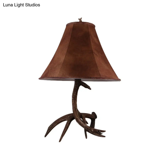 Brown Flared Night Lamp - Farmhouse Fabric Shade 1 Head Table Light With Antler Base