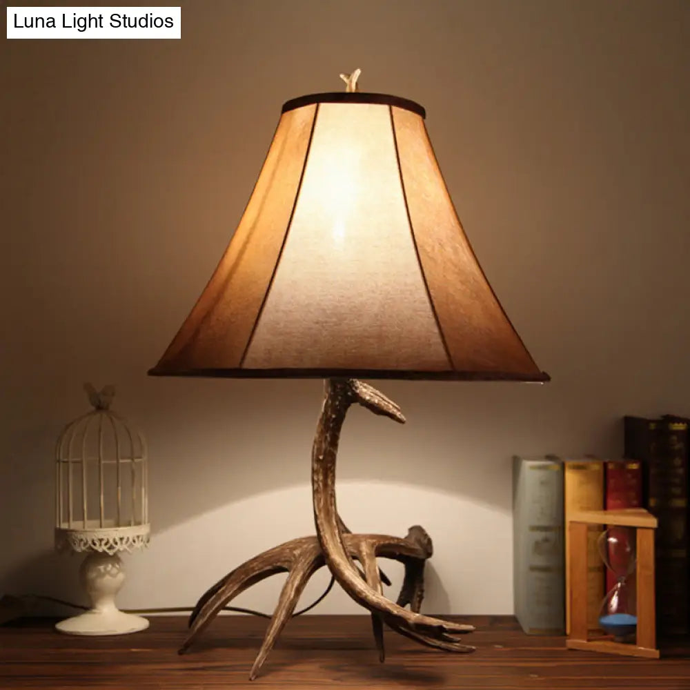 Nadia - Rustic Brown Wide Flared Night Lamp Farmhouse Fabric 1 Head Bedroom Table Light With Antler