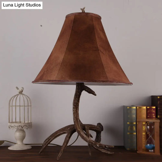 Brown Flared Night Lamp - Farmhouse Fabric Shade 1 Head Table Light With Antler Base