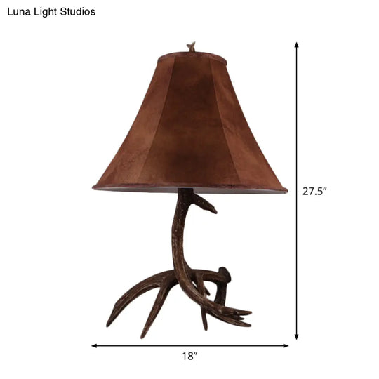 Nadia - Rustic Brown Wide Flared Night Lamp Farmhouse Fabric 1 Head Bedroom Table Light With Antler