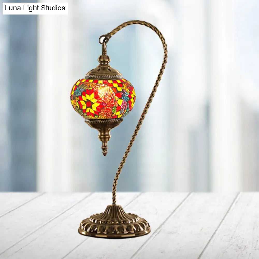 Traditional Red/White/Yellow Glass Table Lamp For Coffee Shop Nights - Global Design With Metal Base