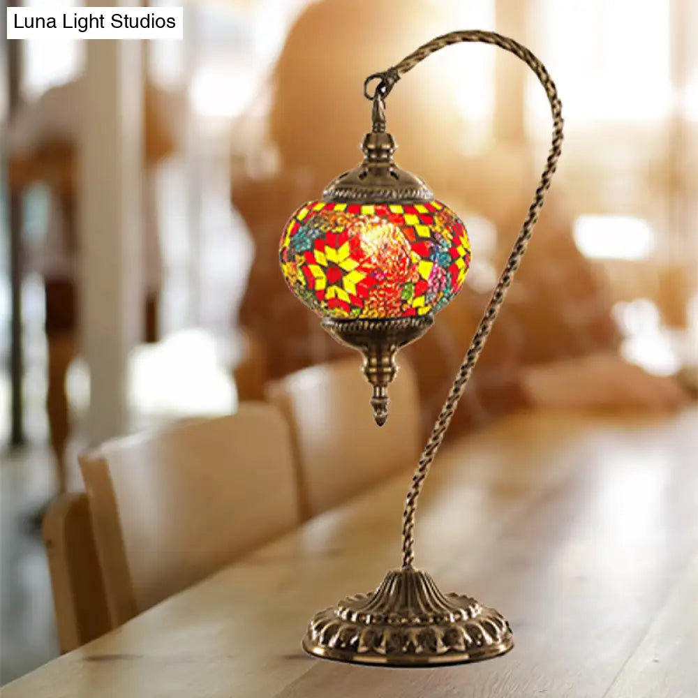 Traditional Red/White/Yellow Glass Table Lamp For Coffee Shop Nights - Global Design With Metal Base