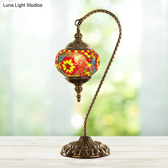 Traditional Red/White/Yellow Glass Table Lamp For Coffee Shop Nights - Global Design With Metal Base