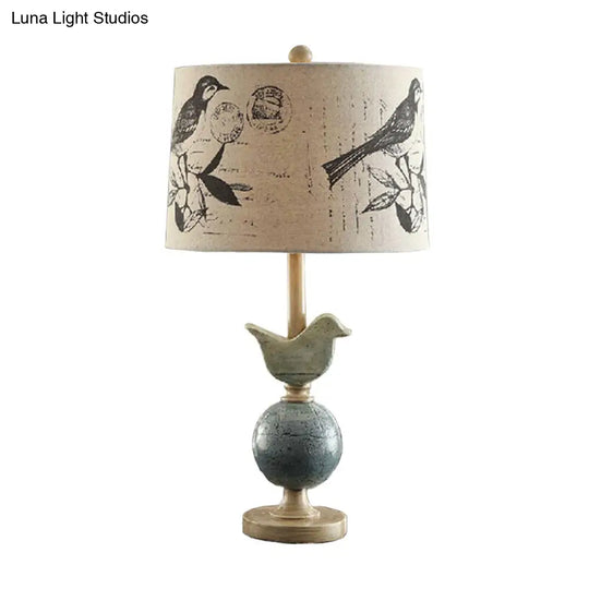 Modern Beige Fabric Drum Table Lamp With Bird And Globe Base - Printed Novelty Night Light