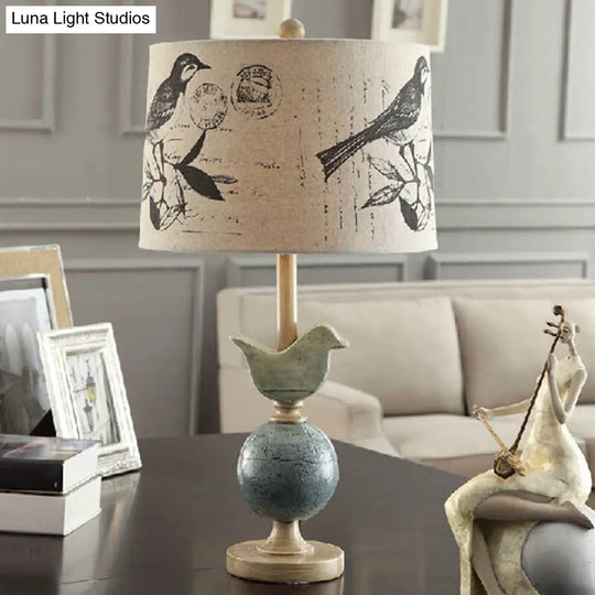 Modern Beige Fabric Drum Table Lamp With Bird And Globe Base - Printed Novelty Night Light