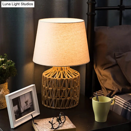 Naos - Nordic Flaxen Empire Shade Nightstand Light 1 Bulb Fabric Table Lamp With Rope Woven Urn Base