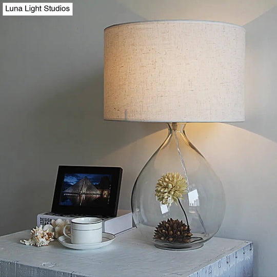 Pastoral Fabric Drum Table Lamp With Clear Glass Base - Cream Gray 1-Head Night Light Dried Flower