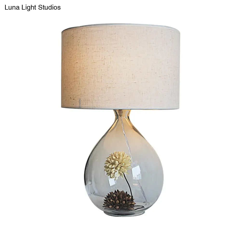 Pastoral Fabric Drum Table Lamp With Clear Glass Base - Cream Gray 1-Head Night Light Dried Flower