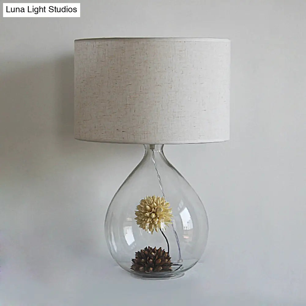 Pastoral Fabric Drum Table Lamp With Clear Glass Base - Cream Gray 1-Head Night Light Dried Flower