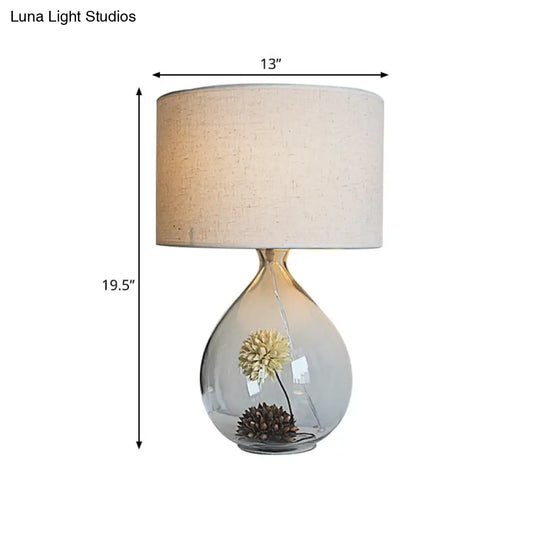 Pastoral Fabric Drum Table Lamp With Clear Glass Base - Cream Gray 1-Head Night Light Dried Flower