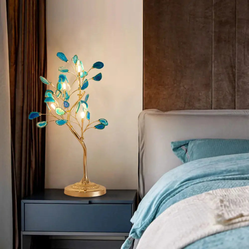 Natural Agate 4-Light Tree Bedside Table Lamp With Gold Base - Art Deco Nightstand Light Blue