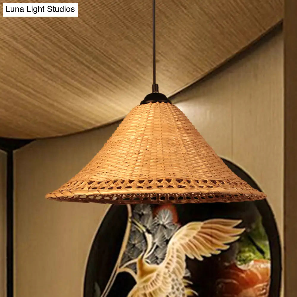 Natural Bamboo Hanging Pendant Lamp: Asia Cone Hat Design Brown Ideal For Dining Room Ceiling