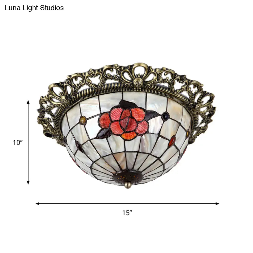 Natural Shell Baroque Flush Mount Ceiling Light With Gridded Hemispherical Design And Brass Finish