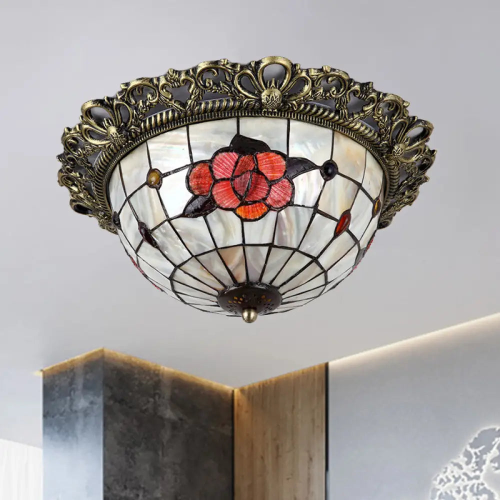 Natural Shell Baroque Flush Mount Ceiling Light With Gridded Hemispherical Design And Brass Finish