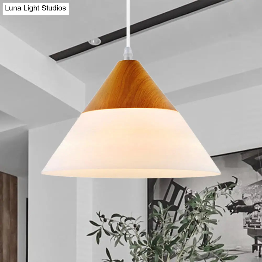 Modern Cone Milk Glass Suspension Pendant - Natural Wood Hanging Light Fixture (1-Light 5/7.5/10.5