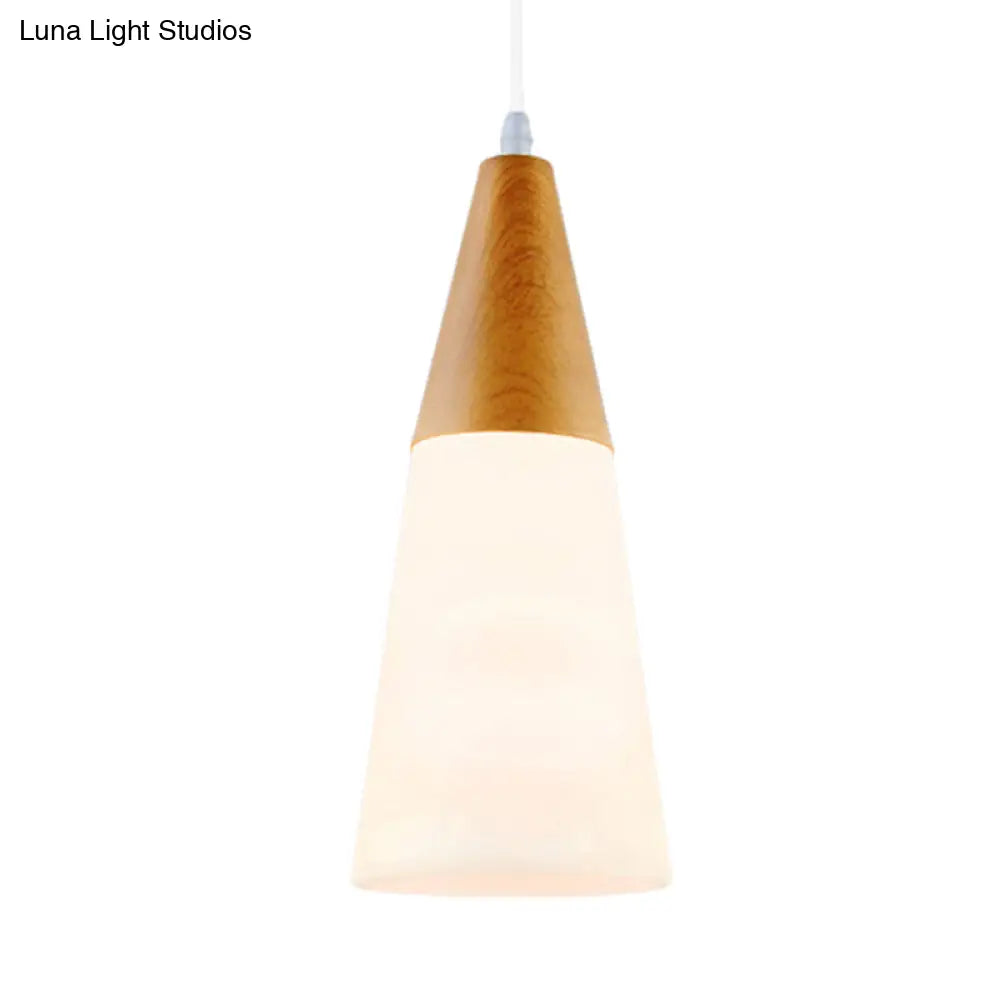 Natural Wood Cone Milk Glass Suspension Pendant Light - Modern 1-Light Fixture (5’/7.5’/10.5’ Wide)