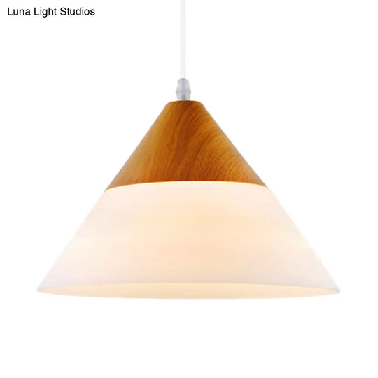 Natural Wood Cone Milk Glass Suspension Pendant Light - Modern 1-Light Fixture (5’/7.5’/10.5’ Wide)