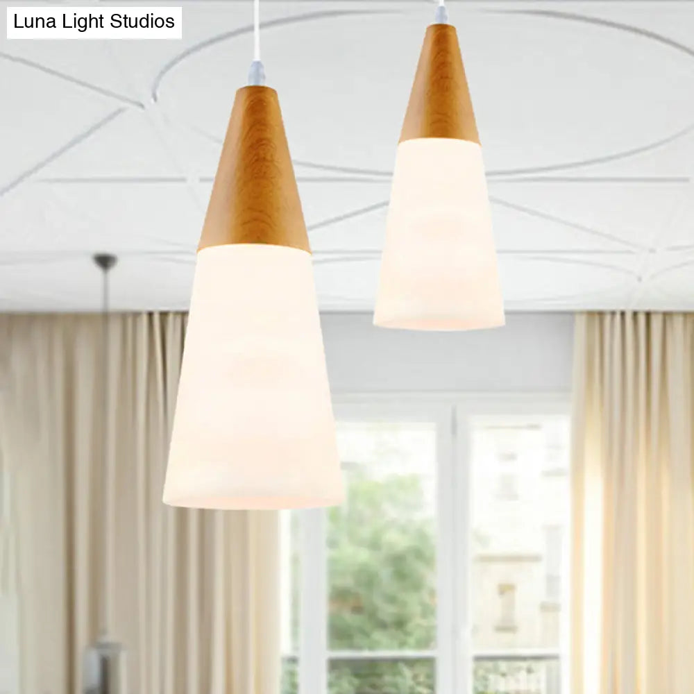 Modern Cone Milk Glass Suspension Pendant - Natural Wood Hanging Light Fixture (1-Light 5/7.5/10.5