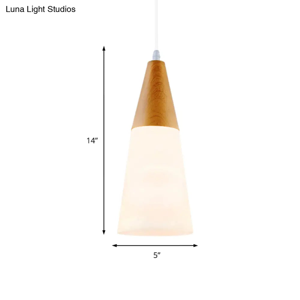 Natural Wood Cone Milk Glass Suspension Pendant Light - Modern 1-Light Fixture (5’/7.5’/10.5’ Wide)