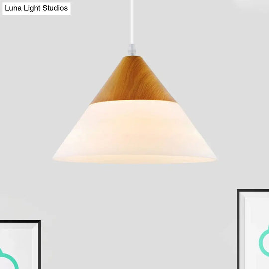 Modern Cone Milk Glass Suspension Pendant - Natural Wood Hanging Light Fixture (1-Light 5/7.5/10.5