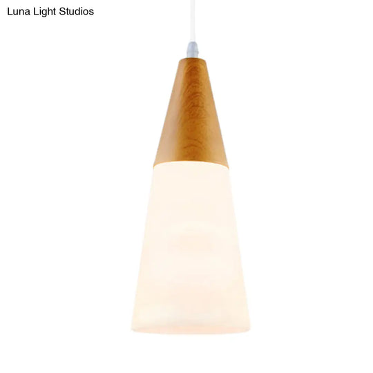 Modern Cone Milk Glass Suspension Pendant - Natural Wood Hanging Light Fixture (1-Light 5/7.5/10.5