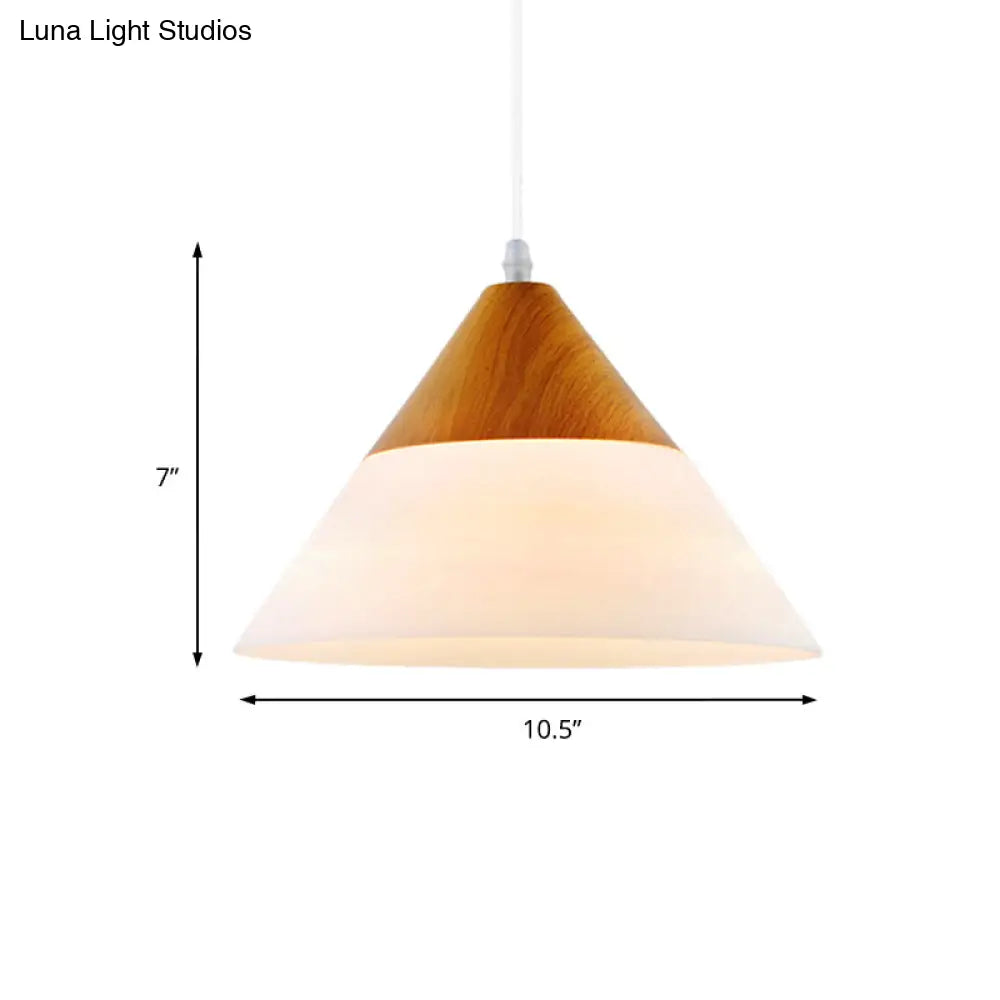 Modern Cone Milk Glass Suspension Pendant - Natural Wood Hanging Light Fixture (1-Light 5/7.5/10.5